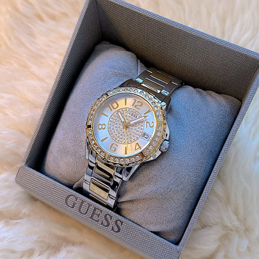 Guess women’s watch silver and gold, rhinestone face